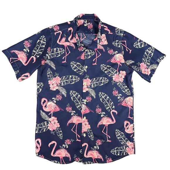 Flamingo Hawaiian Shirt Mens Medium Tropical Floral Button Up Party Summer Casua - Picture 1 of 7